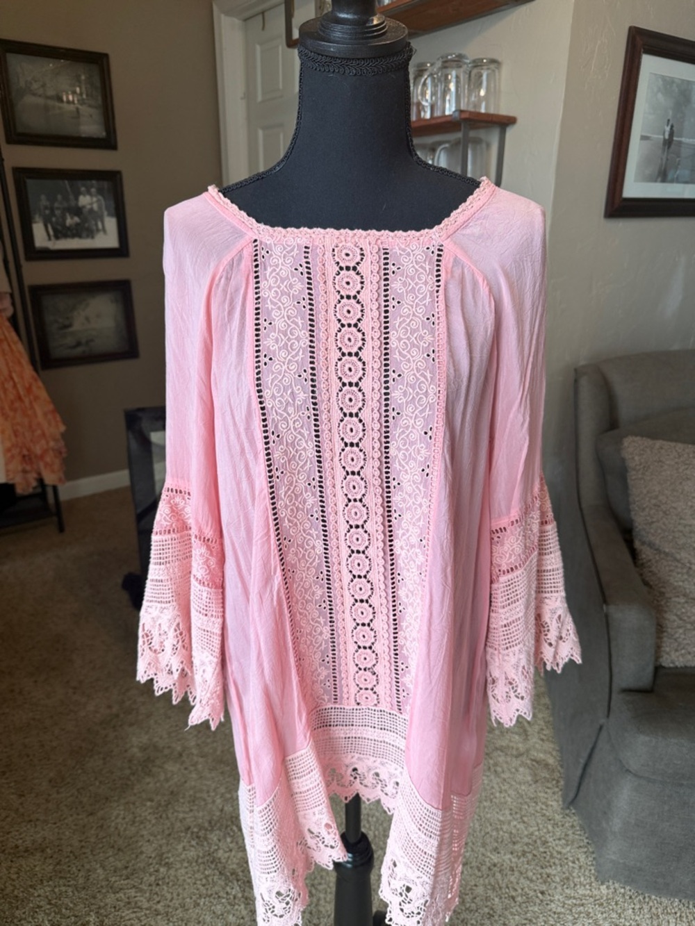 Johnny Was Pale Pink Lace-Trim Boho Tunic